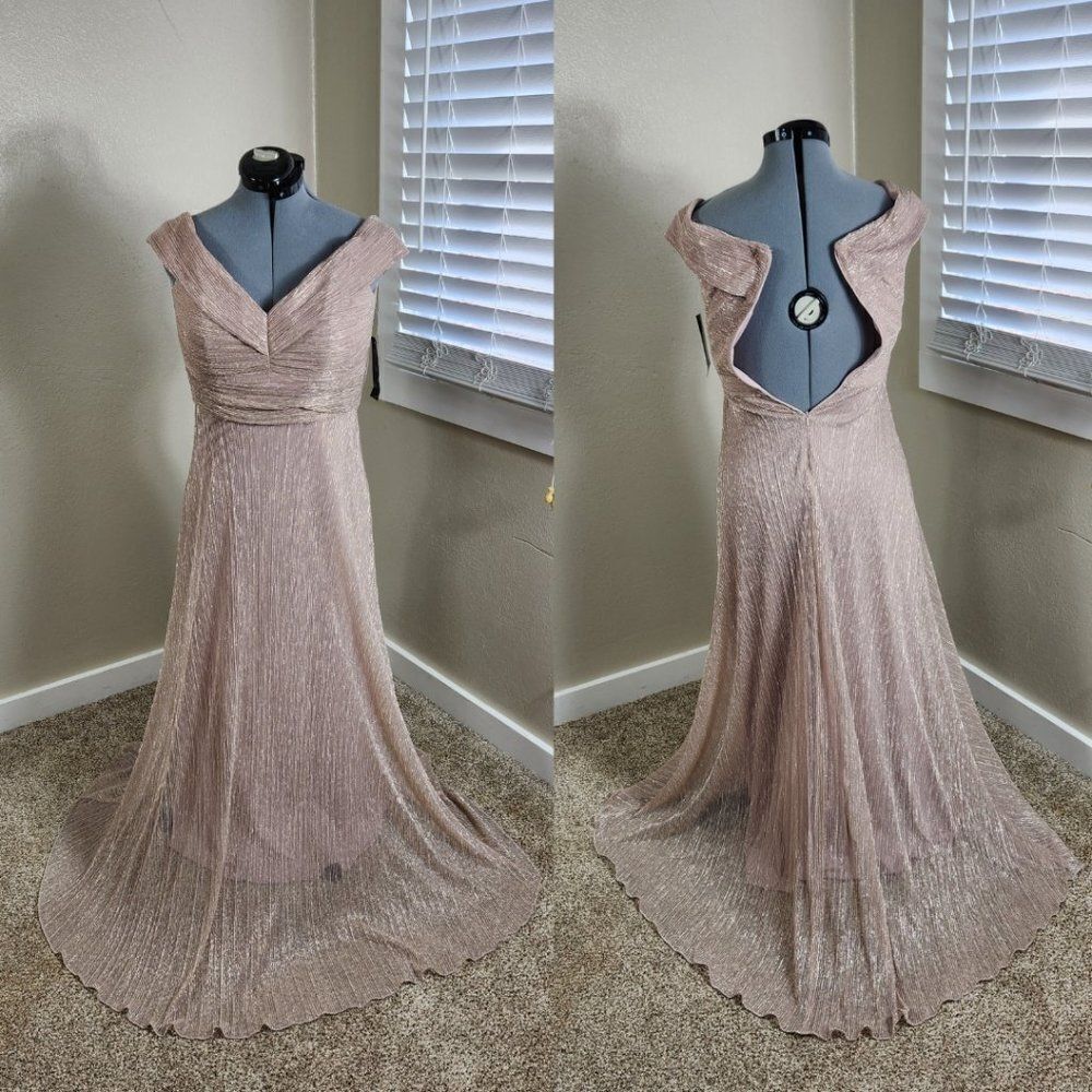Betsy & Adam Metallic Blush Off-Shoulder Wedding Gown